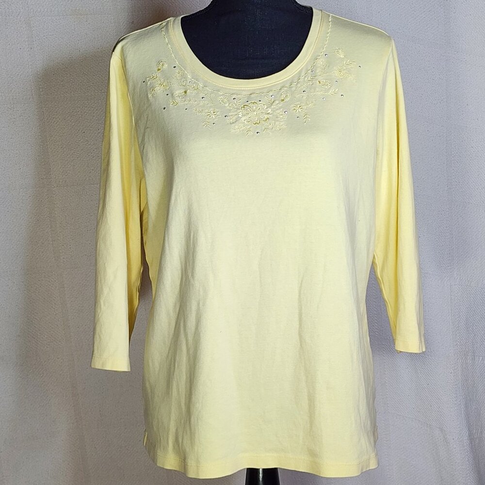 Studio Works Yellow Floral Bling Embroidery Neckline Cotton 3/4 Sleeve Top Sz XL